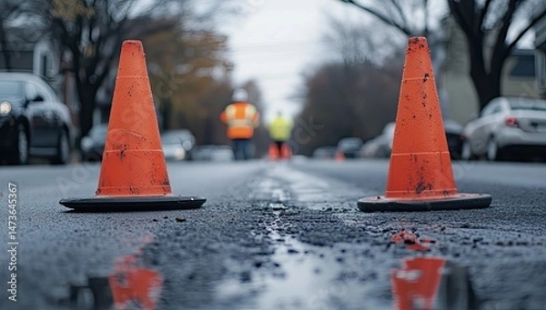 Fototapeta Road construction cones on wet asphalt. Workers in the background