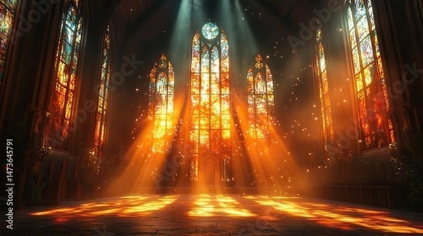 Fototapeta Amber light streams through stained-glass windows, dust motes dance in the illuminated space, a sense of peace and serenity fills the old chapel
