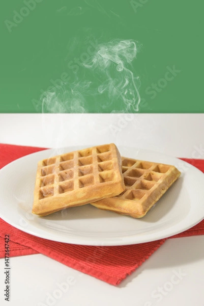Obraz Freshly baked waffles on a white table and green background, Italian motif. Vertical - space for text