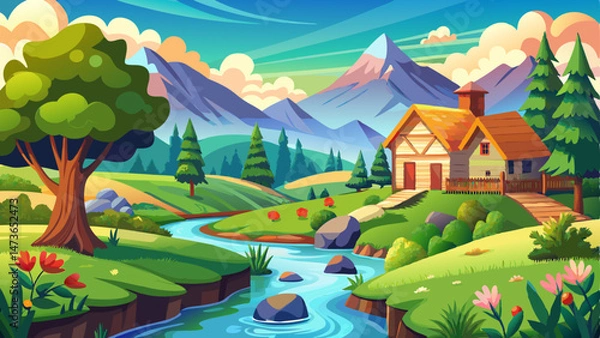 Fototapeta vector of beautiful countryside scenery with river