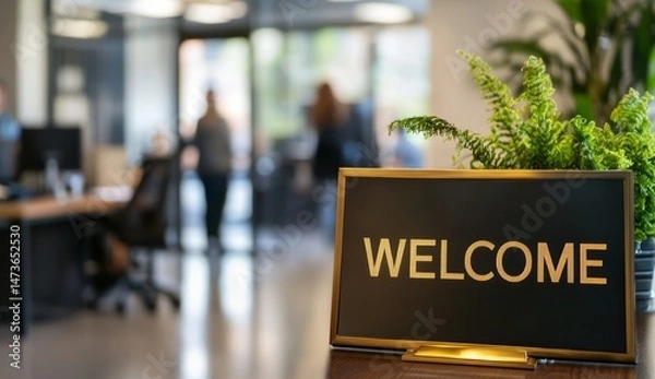 Fototapeta welcome sign on a desk symbolizes a friendly onboarding process in a modern office.	

