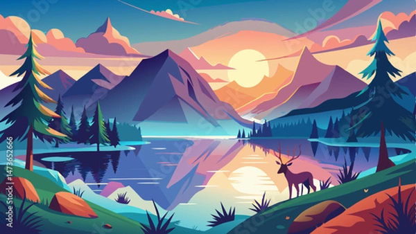 Fototapeta vector of Mountain lake at dawn deer morning light and sun scenic reflection illustration