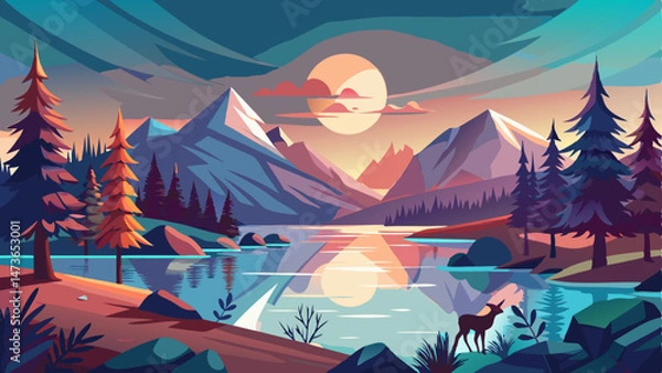 Fototapeta vector of Mountain lake at dawn deer morning light and sun scenic reflection illustration