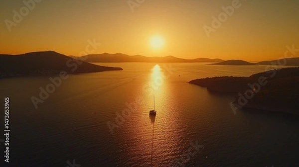 Fototapeta Beautiful sunset over calm waters with a sailboat near coastal hills in a serene landscape