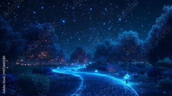 Fototapeta A glowing blue path winds through a starry night, guiding towards a distant, illuminated cityscape. The grid overlay adds a digital feel to this serene landscape. Abstract wireframe in dark blue.