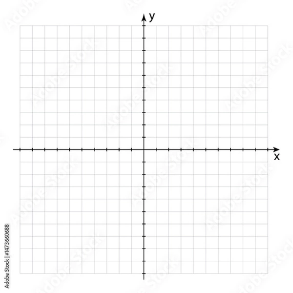 Fototapeta Cartesian x y coordinate system in two dimensions on white lined paper. Orthogonal coordinate plane with two axes on square grid. Math bw template. Vector illustration