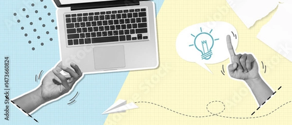 Fototapeta Technology, startup, idea for business concept. hand working on a laptop. other hand point index finger up to light bulb that symbolizes an idea inside speech bubble. collage style