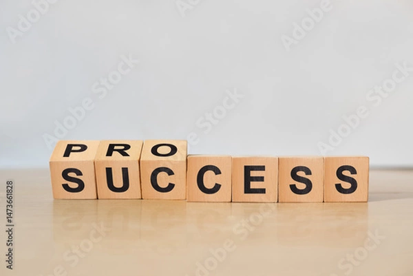 Obraz Process for success concept. Wooden cube block flip over word process to success on wooden table