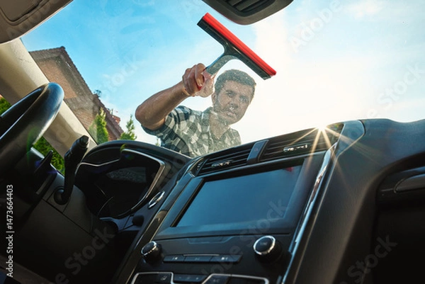 Obraz Male washing windshield in sunlight, view from from car inside. Man cleaning car windshield from outside using squeegee. Concept of car care, cleaning services and automotive hygiene