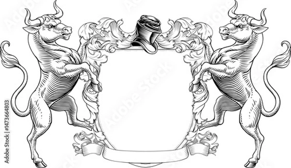 Fototapeta Bull coat of arms or crest family heraldry medieval heraldic knight shield with helmet and acanthus filigree scroll ornament. In a vintage woodcut style.