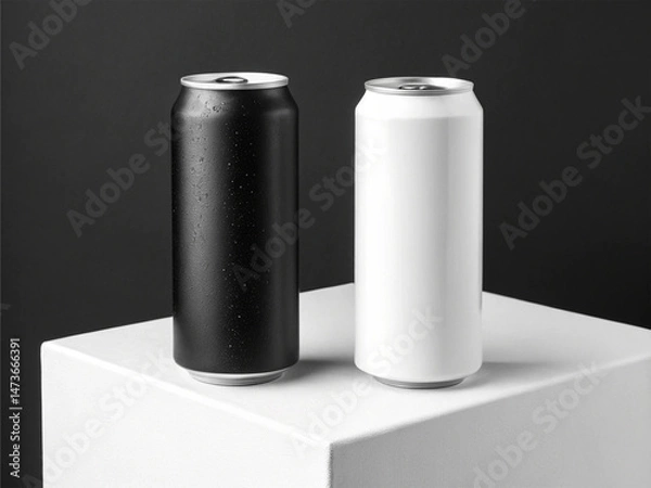 Fototapeta A black aluminum can covered in condensation droplets and a dry white aluminum can placed side by side on a white rectangular platform against a dark background—Contrast in Beverage Packaging Concept