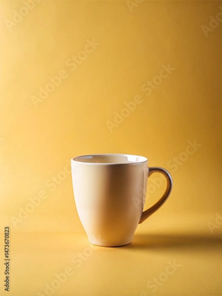 Fototapeta Beige ceramic mug with a handle, placed against a vibrant yellow background, casting a soft shadow—Minimalist Beverage Concept