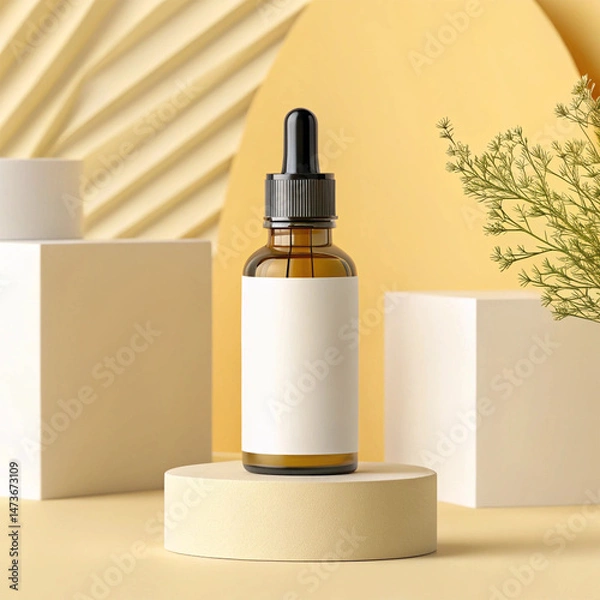 Fototapeta Brown glass dropper bottle with black dropper cap and blank white label, placed on a round beige pedestal against a yellow textured backdrop with geometric white blocks – Minimalist Product Concept