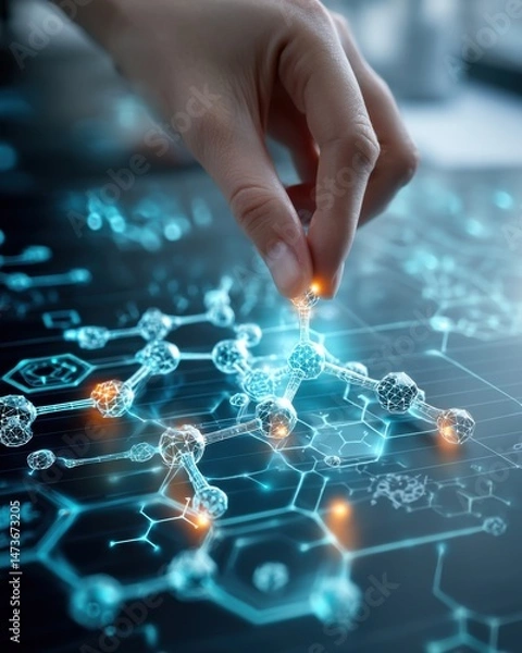 Fototapeta Hand Interacting with a Holographic Molecular Network