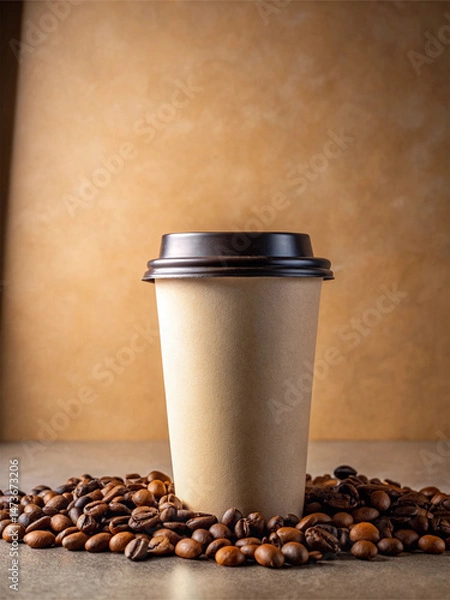 Fototapeta Brown disposable coffee cup with a black plastic lid, surrounded by a rich pile of coffee beans on a textured brown backdrop—Coffee Concept