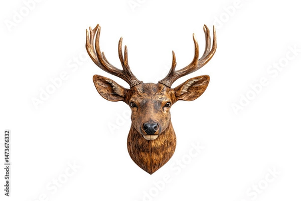 Fototapeta Stag wall mount with lifelike detailing and symmetrical antlers, adding forest-inspired charm to interiors, isolated on a transparent background