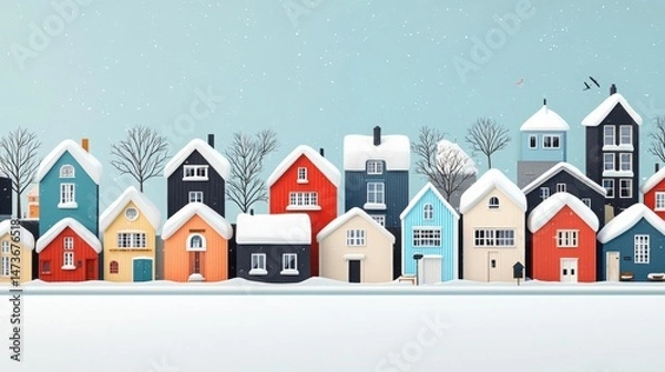 Obraz Colorful Houses in a Snowy Winter Scene of Reykjavik Under a Clear Blue Sky