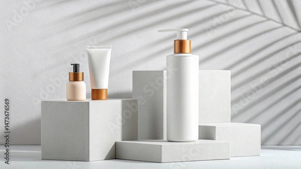Fototapeta Modern Skincare Collection with Gold Accents on White Podiums – Shadow Play Presentation