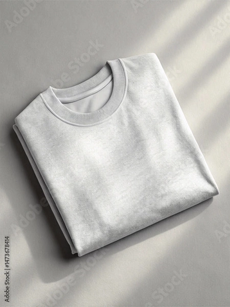 Fototapeta Plain white sweatshirt neatly folded on a light gray surface, with ribbed detailing around the neckline—Apparel Mockup Concept