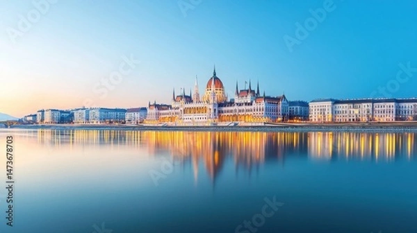 Obraz Stunning Reflection of European City in High Fidelity at Dawn by the River
