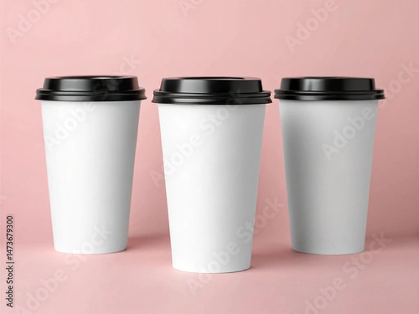 Fototapeta Three white disposable coffee cups with black lids, arranged in a row against a pink background, creating a modern and stylish aesthetic—Minimalist Beverage Concept