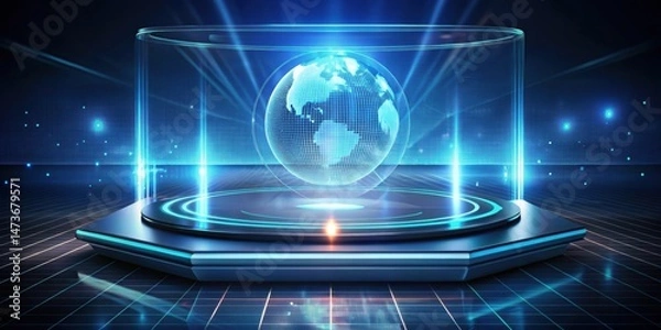 Fototapeta Advanced holographic display on a sleek podium with futuristic technology background, showcasing innovative light projection capabilities , hologram, innovation