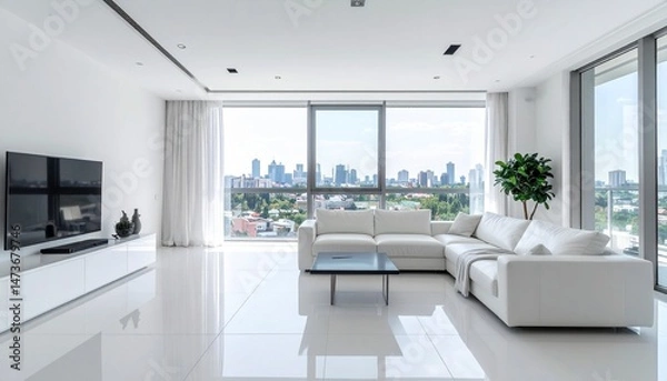 Fototapeta Modern minimalist living room with city view bright contemporary apartment interior