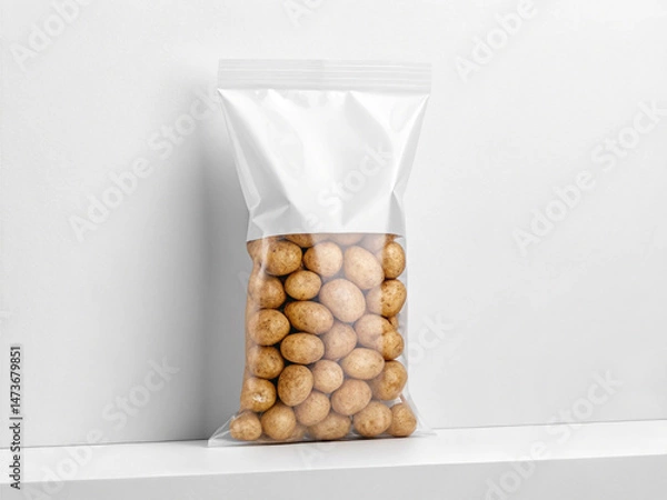 Fototapeta Transparent plastic bag filled with small round brown potatoes, sealed at the top, against a white background – Fresh Produce Concept