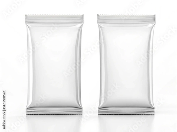 Fototapeta Two identical silver foil packets standing side by side—Minimalist Food Packaging Concept