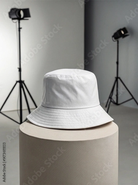 Fototapeta White bucket hat placed on a cylindrical pedestal, illuminated by two studio lights on tripods, against a clean photography studio backdrop – Minimalist Fashion Concept