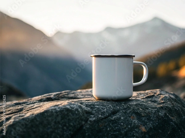 Fototapeta White enamel mug with a metal rim, placed on a large rock against a backdrop of snow-capped mountains with warm sunrise or sunset lighting—Adventure Beverage Concept