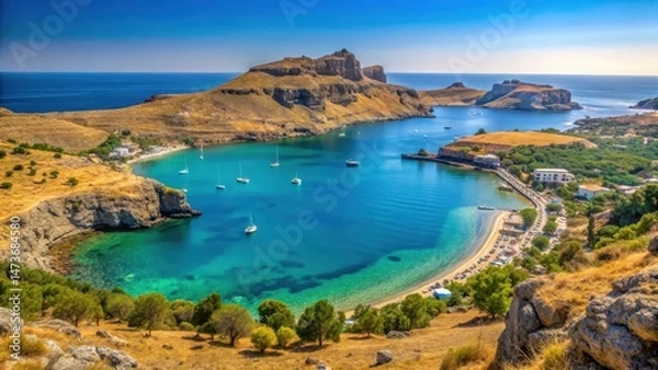 Fototapeta Beautiful view of Lindos Bay in Rhodes Island, Greece, ocean view,  Greece, ocean view, tranquil atmosphere