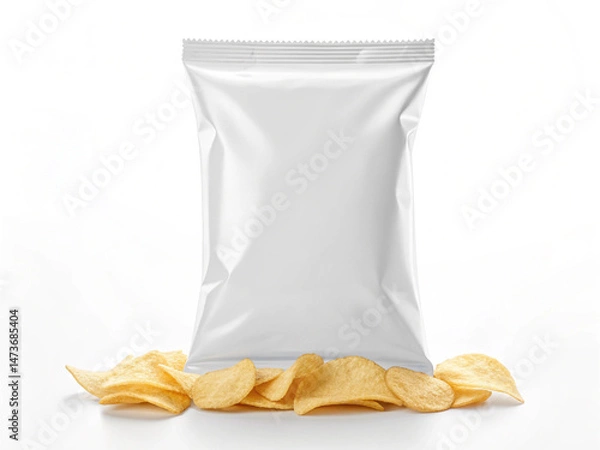 Fototapeta White, blank packaging bag sealed at the top with a zigzag edge, surrounded by scattered potato chips—Snack Packaging Concept