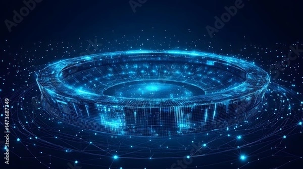 Fototapeta Futuristic digital arena evokes virtual realms. Glowing blue wireframes form a stadium-like structure amidst interconnected data streams. Abstract wireframe in dark blue.