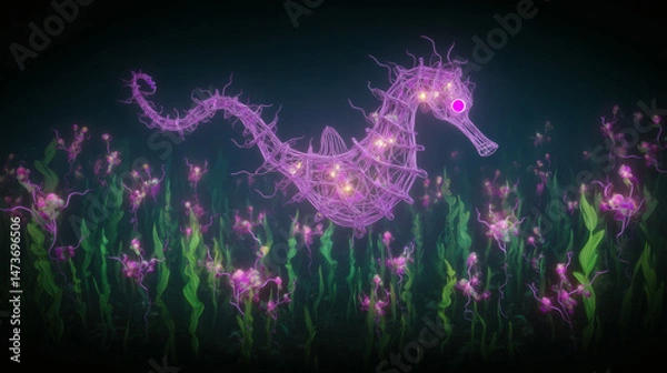 Fototapeta Digital seahorse animation surrounded by vibrant flora underwater scene 3d art enchanting environment unique perspective