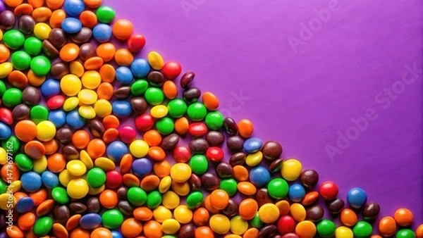 Fototapeta A colorful array of chocolate M&Ms candies scattered on a vibrant purple background with bright orange and yellow hues, confectionery, chocolates