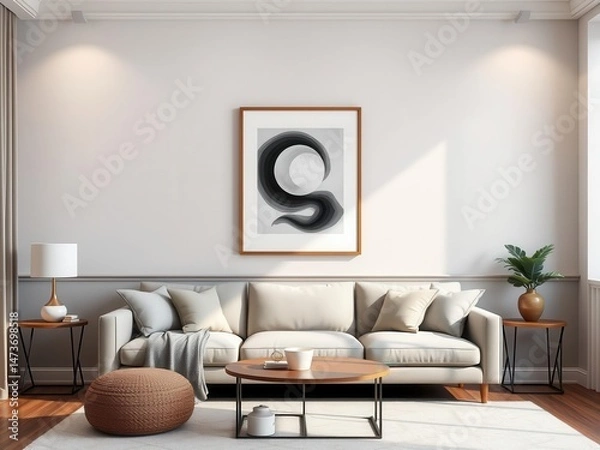 Fototapeta Modern living room with a wall art mockup featuring a trendy print displayed above a cozy sofa, trendy, home, lifestyle