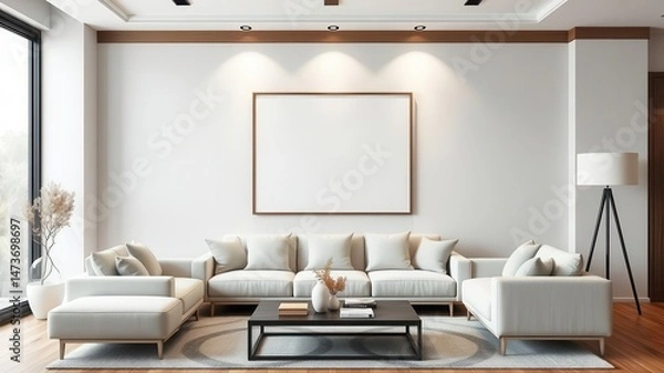 Obraz Modern living room with stylish wall art mockup, showcasing a minimalist design, elegance, fashion, contemporary