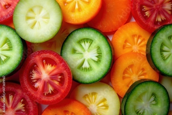 Obraz Overhead shot of neatly arranged vegetable slices, minimalist style , top view, market, slices