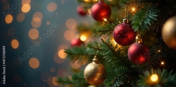 Obraz Sparkling Christmas tree with ornaments, glittering lights , holiday, christmas lights
