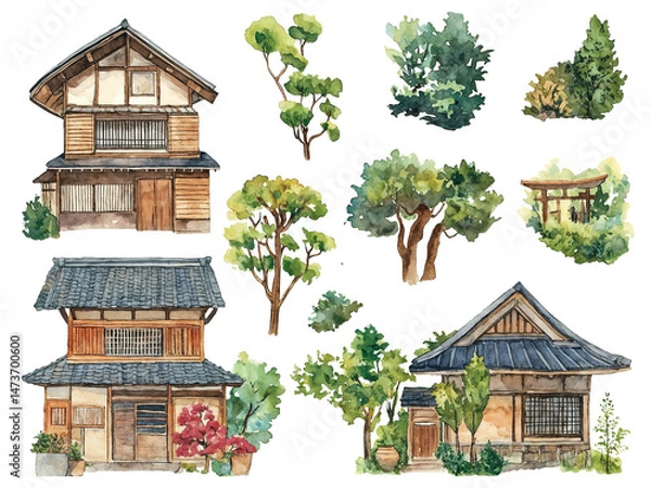 Fototapeta Cottagecore clipart. Traditional Japanese house surrounded by cherry trees  in springtime with wooden features and stone details. 