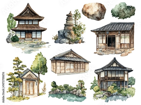 Fototapeta Cottagecore clipart. Traditional Japanese house surrounded by cherry trees  in springtime with wooden features and stone details. 