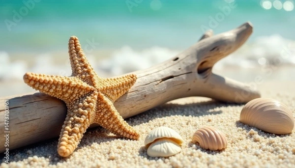 Obraz Sun-bleached driftwood, seashells, starfish on sand, summer, sky, seaside