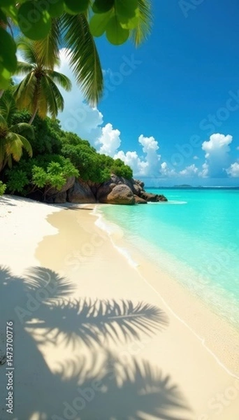 Obraz Sun-drenched sand, turquoise water, lush island backdrop, warmth, relaxation