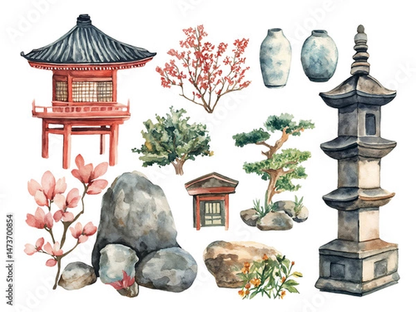 Fototapeta Cottagecore clipart. Traditional Japanese house surrounded by cherry trees  in springtime with wooden features and stone details. 