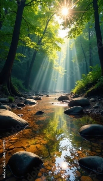 Obraz Sunlight dapples riverbed, forest canopy, visible stones, rocks, sunlight, landscape