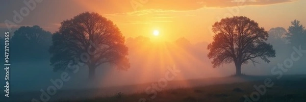 Obraz Sunrise mist shrouds ancient trees, sunbeams pierce ethereal fog , sun rays, backlight