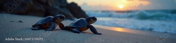 Obraz Tiny leatherback hatchlings emerge from nest, moonlight on sand, endangered, sand texture