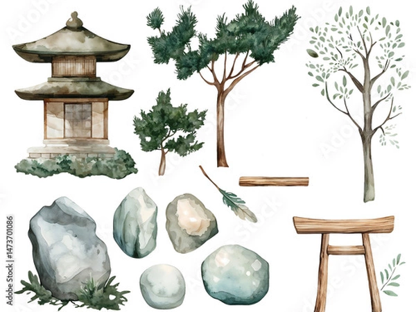 Fototapeta Cottagecore clipart. Traditional Japanese house surrounded by cherry trees  in springtime with wooden features and stone details. 