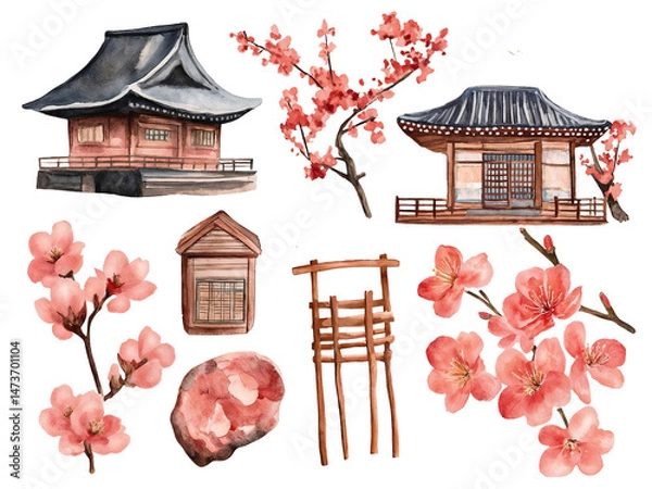 Fototapeta Cottagecore clipart. Traditional Japanese house surrounded by cherry trees  in springtime with wooden features and stone details. 